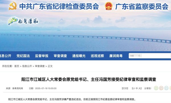 国鸣投资 阳江市江城区人大常委会原党组书记、主任冯国芳接受纪律审查和监察调查
